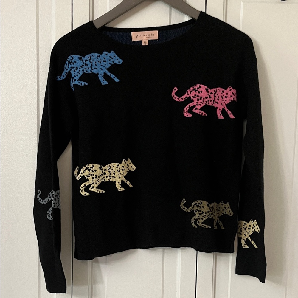 Philosophy Black Sweater with Blue, Pink, and Yellow Leopard Print